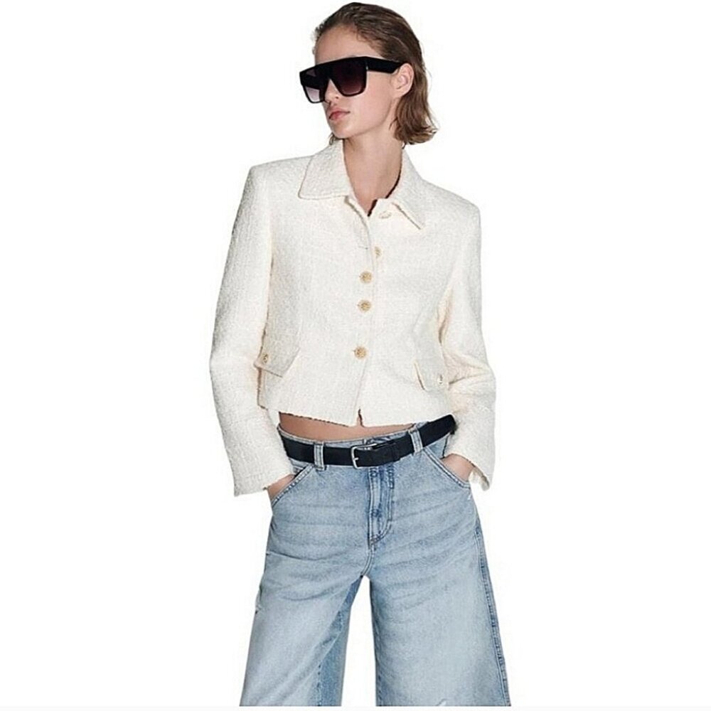 Zara Cropped Tweed Jacket Sz XS White Gold Buttons Bloggers Favorite